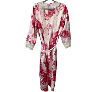 Amoureuse Women's Floral Lace Trim Satin Robe 14/16 Pink & White Rose Print